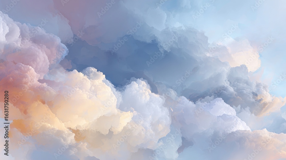 Fototapeta premium Heavenly Canvas: A serene, breathtaking depiction of clouds in the vast expanse of the sky, with the sun's gentle kiss painting the ethereal forms.