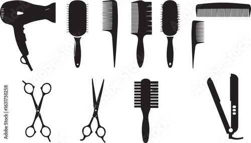 Collection of Black Silhouettes of Hair Styling Tools and Accessories hairdryer comb