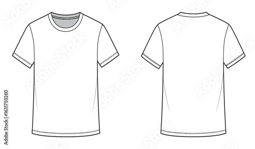 Front and back view of a blank white short sleeved crew neck t shirt presented as a clean line drawing on a white background