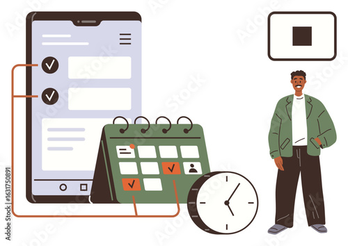 Smartphone displaying checklist, calendar with agenda, clock, and person standing, emphasizing productivity and schedule management. Ideal for planning, organization, time management, scheduling