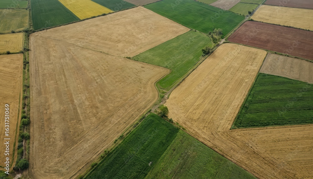 Obraz premium Aerial view of colorful agricultural fields forming geometric patterns. Various crops like green, yellow, brown land patches create natural patchwork quilt across countryside landscape. Drone