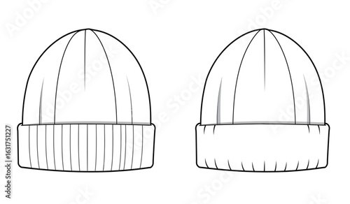 Detailed line drawing of a knitted beanie hat shown from the front and back with a folded cuff for fashion design and apparel creation