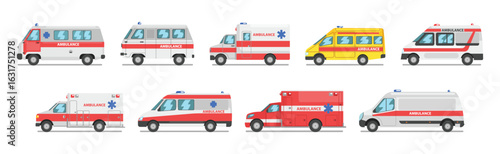 Ambulance Car and Emergency Case Rescue Vehicle Vector Set