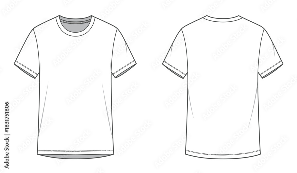 Fototapeta premium Front and back view of a simple classic short sleeved crew neck t shirt presented as a clean black and white fashion illustration sketch