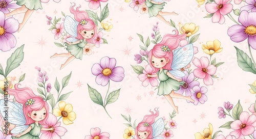 Whimsical watercolor fairies and flowers seamless pattern
