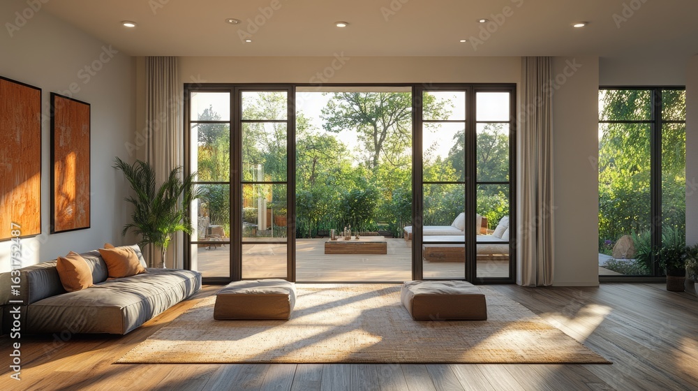 Fototapeta premium Elegant modern living room with large architectural glass doors, offering stunning views of a sunlit private garden, perfect for seamless indoor-outdoor living.