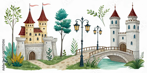 Fairy-Tale Castles Connected by Bridge in Enchanted Forest