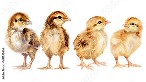 Set of fluffy poult and cracked eggs hand drawn in watercolor isolated on the white background. The symbol of spring, new life, nature's awakening and Easter celebration.