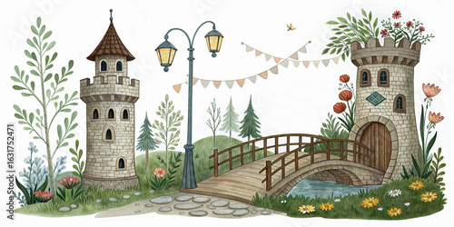 Whimsical Castle Scene with Stone Bridge and Forest Path