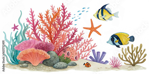 Colorful Marine Life and Coral Reef Ecosystem Illustration