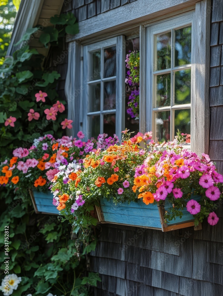 Naklejka premium Vibrant summer flowers spill from a bright blue window box, beautifully accenting a charming rustic cottage window with weathered wooden shingles, a picturesque and inviting home garden.