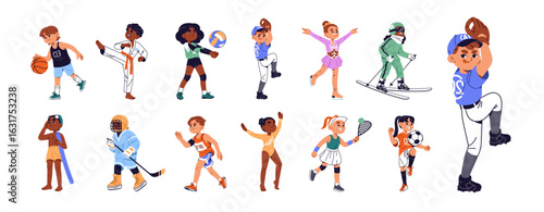 Set of kids do sports. Happy children play different games: baseball, basketball, soccer, volleyball. Girls and boys in football, tennis uniform. Flat isolated vector illustrations on white background