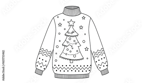 Hand drawn sketch of a festive christmas sweater featuring a large decorated tree and star patterns in a classic winter holiday design