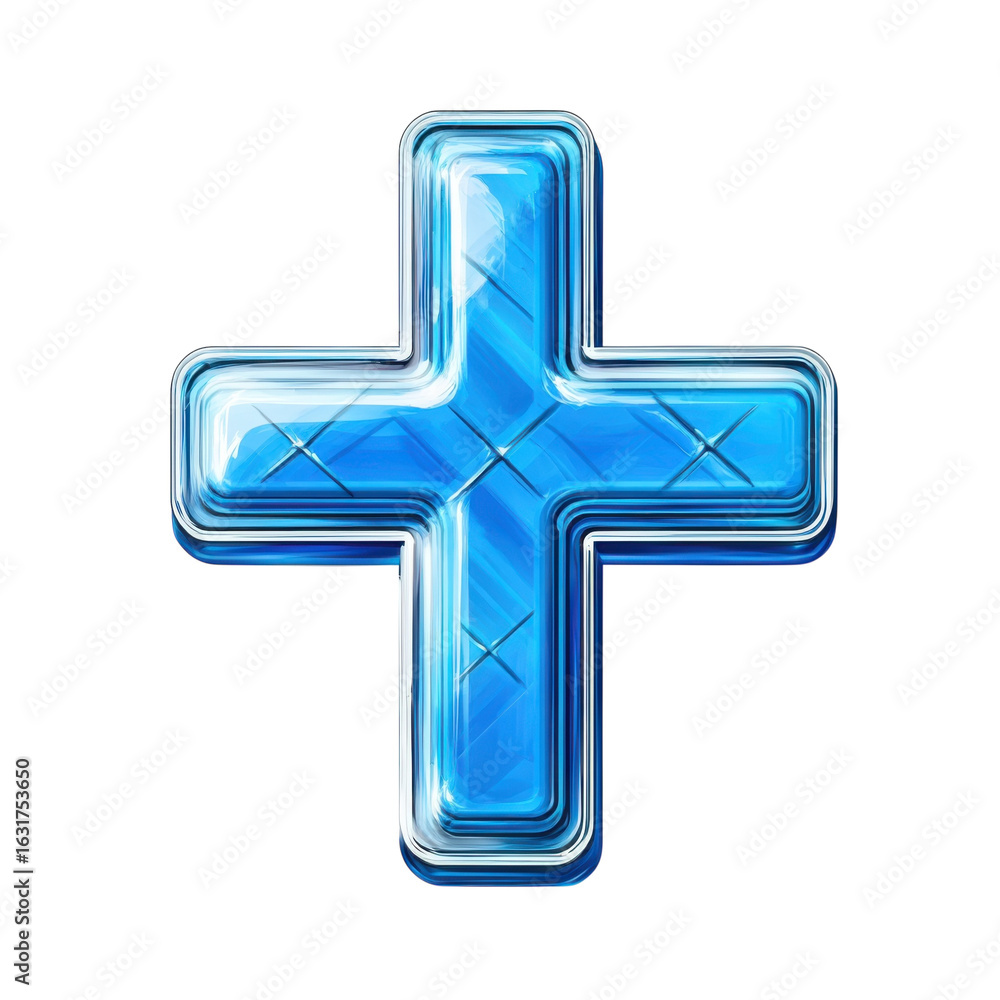 Fototapeta premium Blue Glassy Plus Sign on a Digital Canvas, Symbolizing Addition, Growth on transparent background