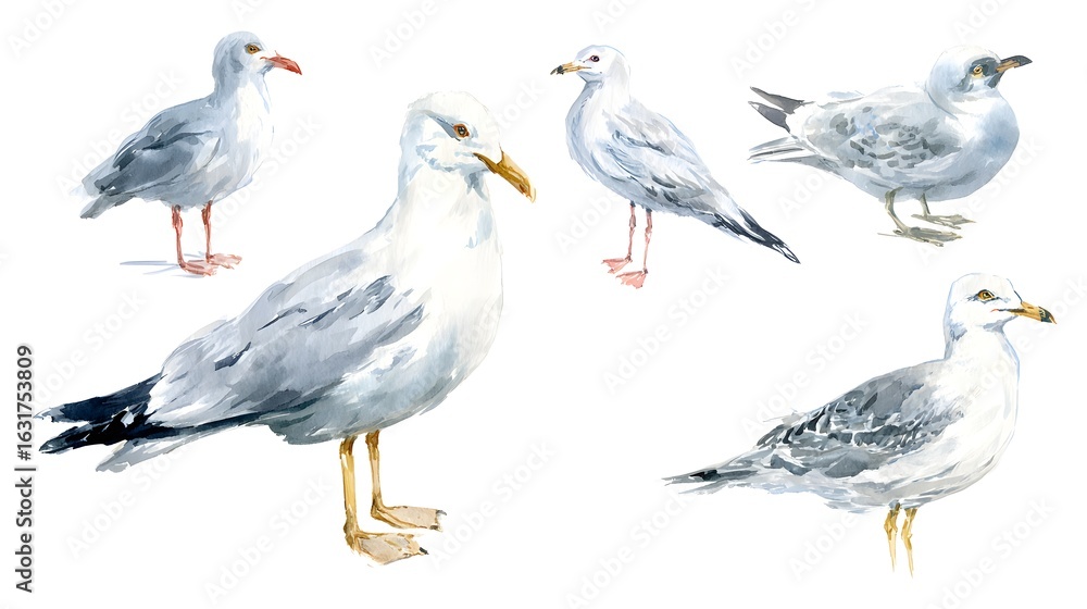 Obraz premium Watercolor illustration of an isolated standing seagull and seagull with stretched wings on a white background. Painting of a sea bird - seagull set