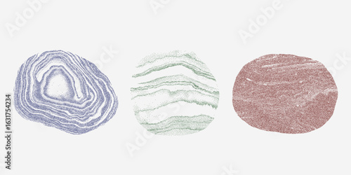 Three textured stones. Single element with heavy halftone shading, scratchy paper marks, grainy ink effect. Grit and texture combined.