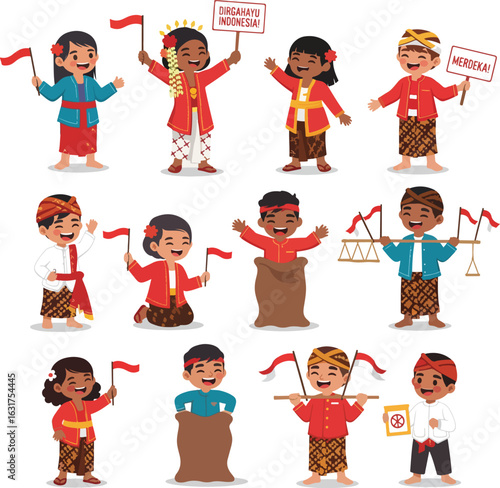 Indonesian Children Wearing Traditional Outfits for Independence day Celebration - vector illustration