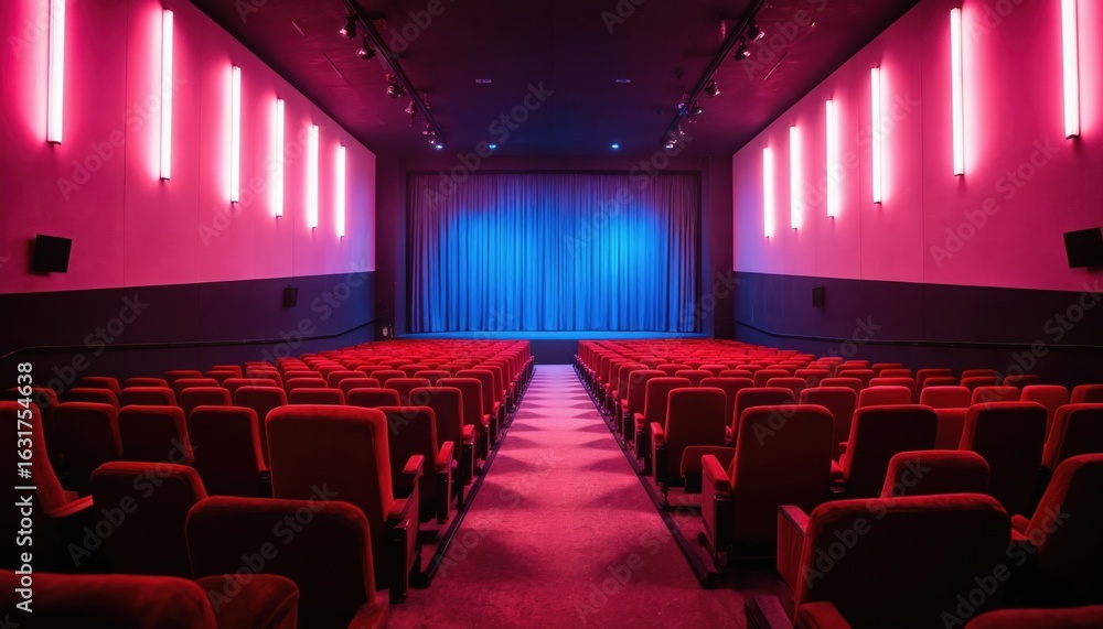 Fototapeta premium Rows of empty red velvet cinema seats face blue curtain stage. Modern auditorium features vertical pink lighting strips, dark walls. Perfect for film, presentation, conference or entertainment events.
