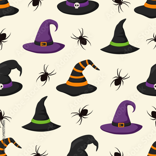 Seamless pattern with witch hats in black purple and orange and spiders on a light background. Perfect for halloween wrapping paper party decor and spooky textile designs
