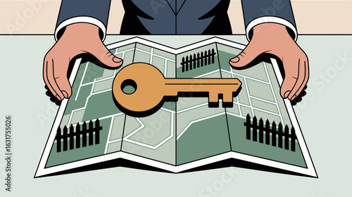 agent's hands over a property map with a key vector illustration, securing property rights, real estate law and land ownership transactions