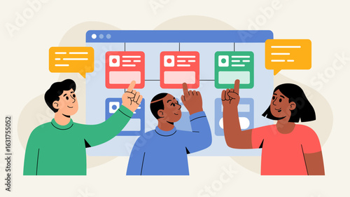 diverse agile team pointing at a kanban board vector illustration, sprint planning and collaborative task management