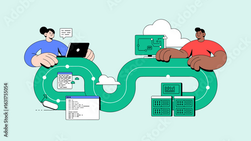 developers on a path from code to cloud servers vector illustration