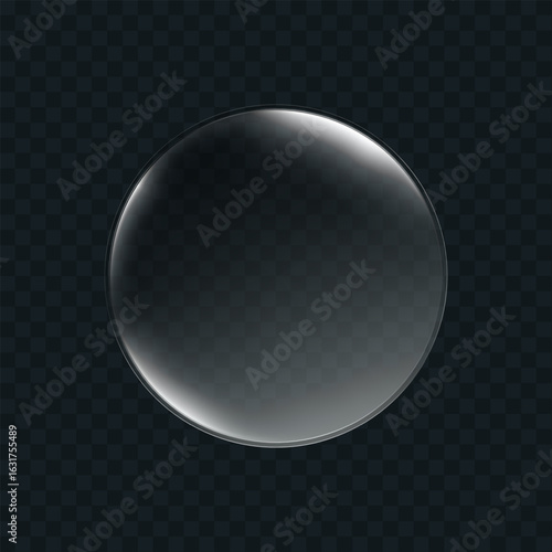 3d liquid glass disc with soft halo effect isolated on dark background. Render of transparent glass button, podium or mirror with neon gradient texture. 3D vector UI figure for tech interface