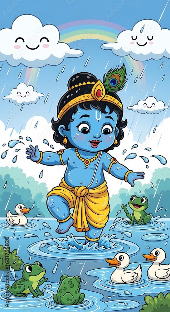 Naklejka premium Lord Krishna is playing in the rain with a rainbow in the sky. 
