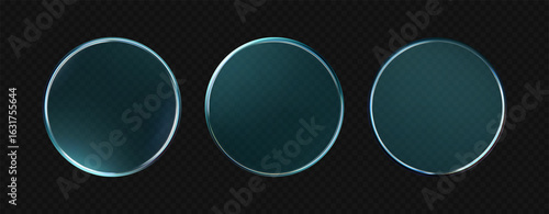 3d liquid glass disc with soft holographic effect isolated on dark background. Render of transparent glass button, podium or mirror with neon gradient texture. 3D vector UI figure for tech interface
