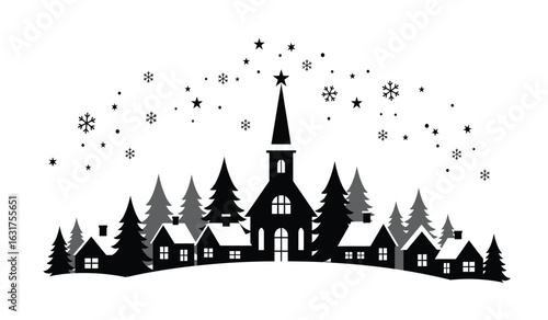 Charming silhouette of a quaint village with a prominent church steeple surrounded by snow covered pine trees and falling snowflakes