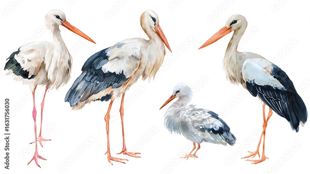 Fototapeta premium Stork white. Realistic bird isolated on white background. Watercolor. Template. Close-up. Clip art. Hand drawn