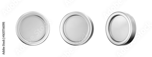 3D silver coin icon set with a chrome metallic effect, isolated. Chrome coins, game token, digital currency icons, silver reward medals. Finance design. 3D vector illustration