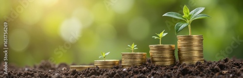Growing stack of gold coins planted with small green plants financial growth, wealth accumulation. Visual represents concepts of retirement planning, investment, future success in finance. Sunlight
