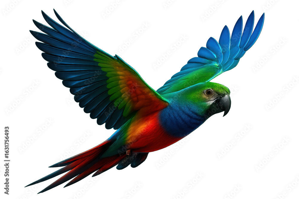 Fototapeta premium Majestic parrot with vibrant plumage soaring gracefully, isolated on a transparent background, perfect for creative projects
