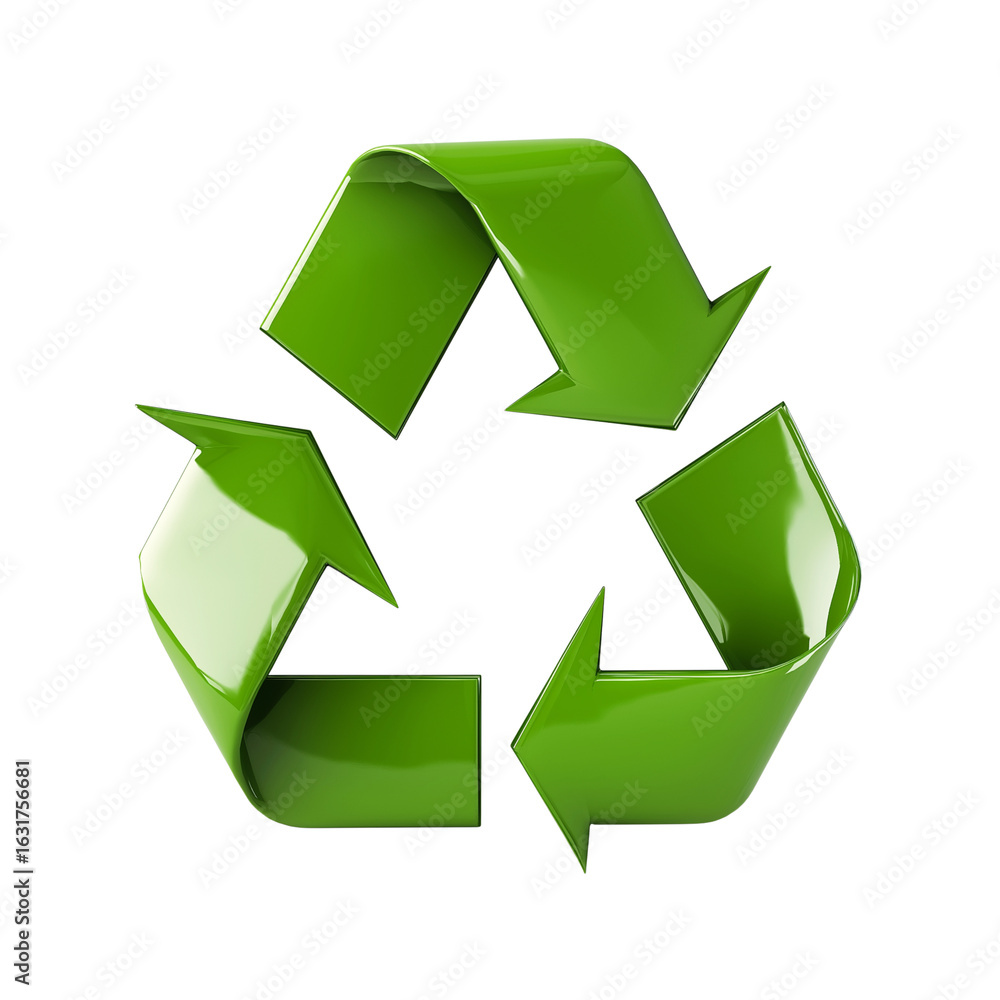 Obraz premium Glossy Green 3D Recycling Symbol Isolated on Transparent Background