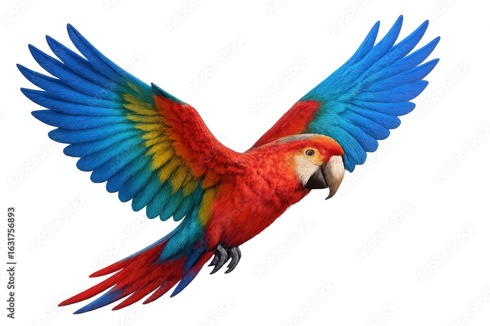 Obraz premium Scarlet macaw spreading vivid red wings, soaring with feathers extended against transparent backdrop
