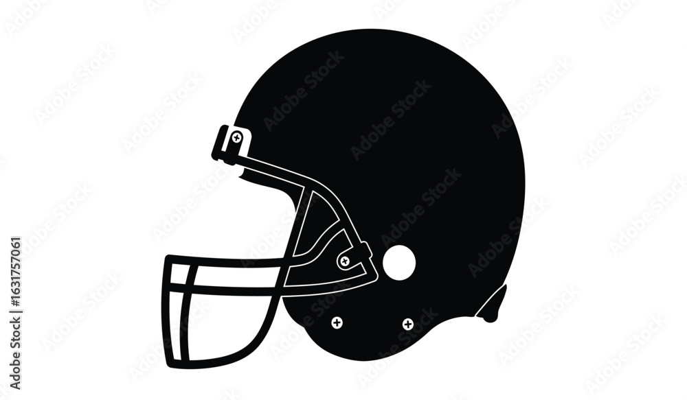 Naklejka premium Classic black american football helmet viewed from the side showing protective gear and facemask on a white background