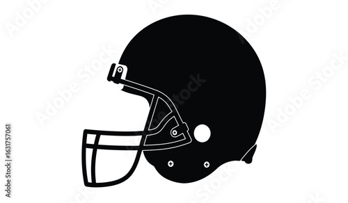 Classic black american football helmet viewed from the side showing protective gear and facemask on a white background