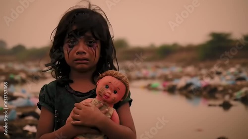 A distressed child holding a doll stands amidst a polluted landscape filled with trash and debris