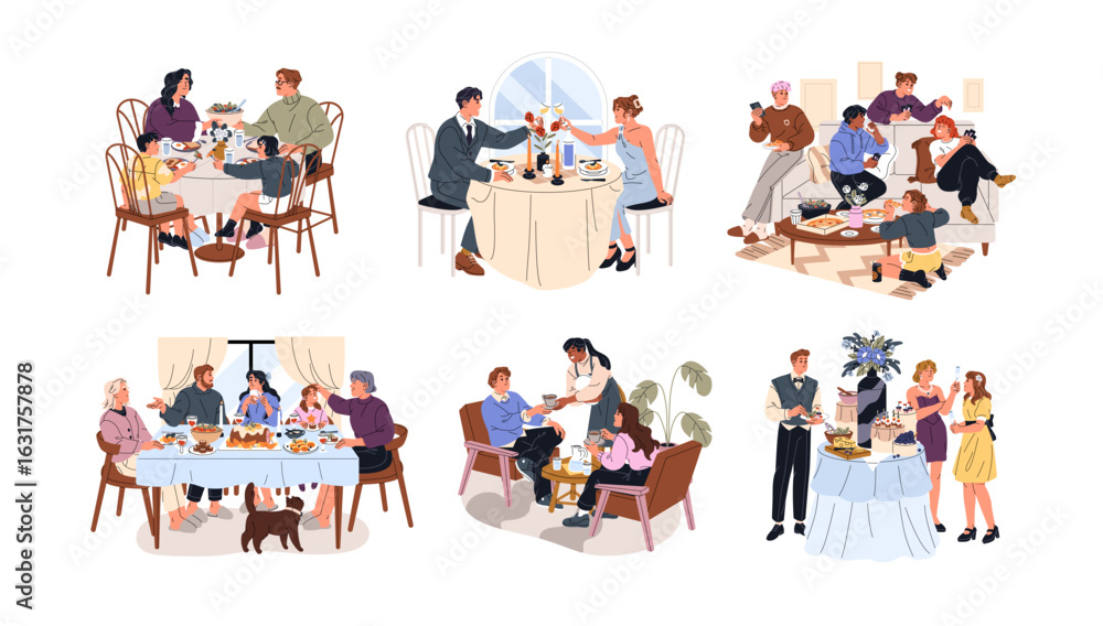 Naklejka premium Set of people eating at the table together. Family with kids has a dinner at home. Friends are meeting at lunch. Couple celebrates in restaurant. Flat isolated vector illustrations on white background