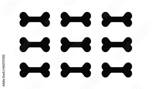 Nine Dog Bone Pattern: A minimalist arrangement of nine stylized black dog bones, presented in a clean, grid-like pattern, offering a modern and playful representation for pet-related concepts.