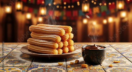 Crispy churros served with rich chocolate sauce on a festive table