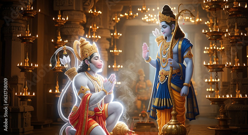Lord Rama and Hanuman in a Temple Setting with Oil Lamps.