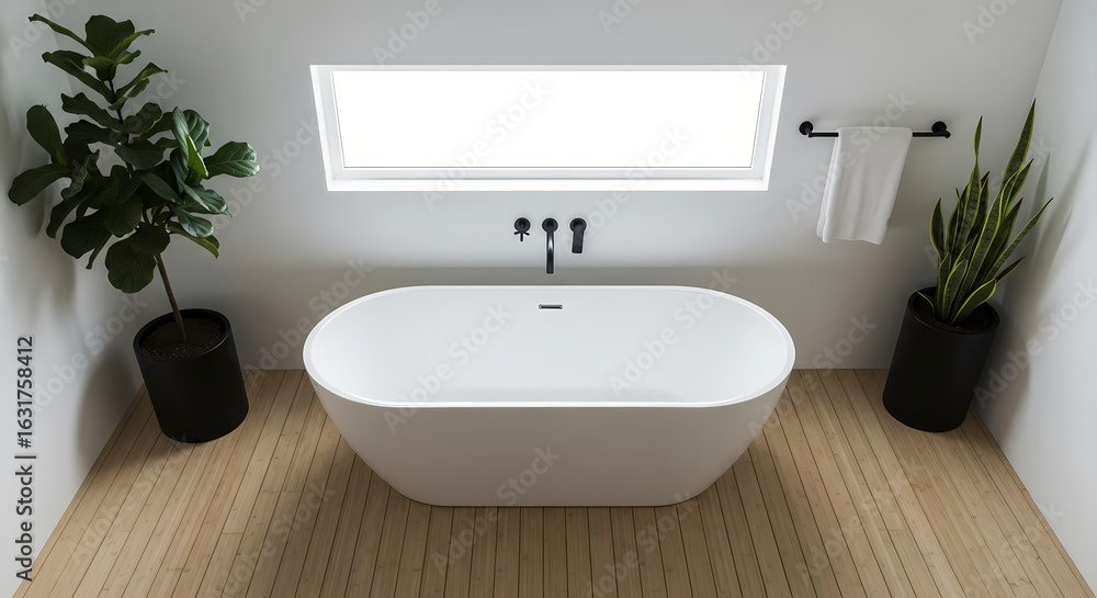 Fototapeta premium Minimalist zen-style bathroom with freestanding tub and soft light