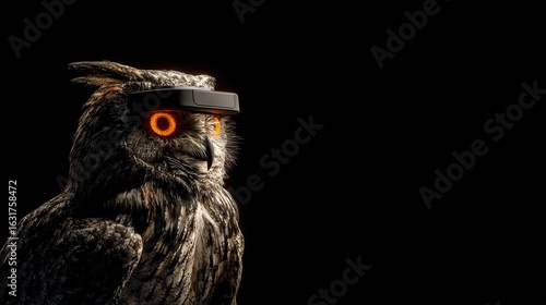 An intelligent and mysterious owl wearing a futuristic VR headset, with glowing orange eyes, is placed under professional studio lighting against a minimalist dark background.