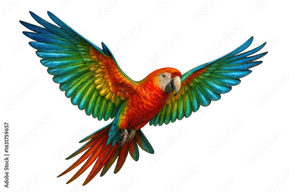 Fototapeta premium Scarlet macaw spreading colorful wings, flying gracefully against transparent backdrop, showcasing vivid red, blue, and yellow feathered plumage