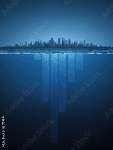 Urban Skyline Submerged Underwater With Digital Elements During Twilight