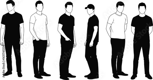 Set of faceless standing male figures in casual wear, side and front views included, perfect for cad drawing flat vector illustration and design mockups