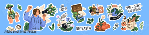 Concept set of saving environment and nature. Sticker pack of ecology. Caring about Earth. Recycle, eco friendly lifestyle, green energy and conscious consumption. Flat isolated vector illustrations