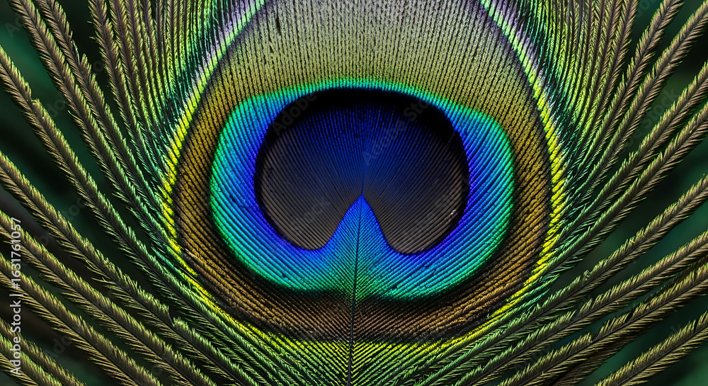 Naklejka premium Colorful peacock feather showcasing vibrant patterns and textures in nature